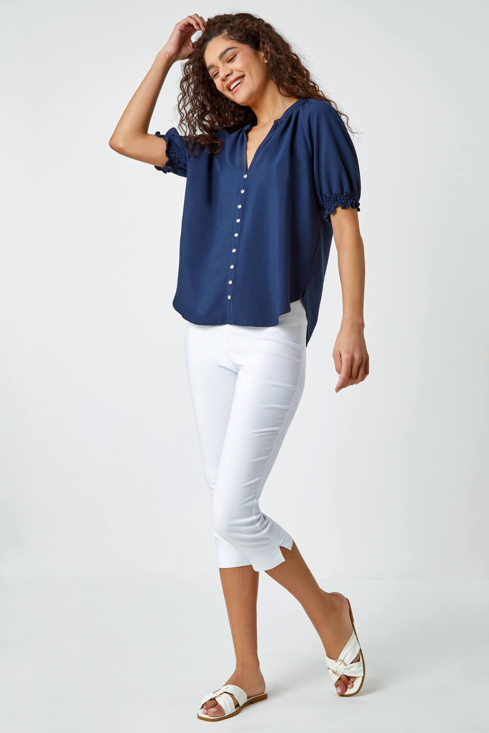 Navy  Puff Sleeve Button Detail Blouse, Image 4 of 5