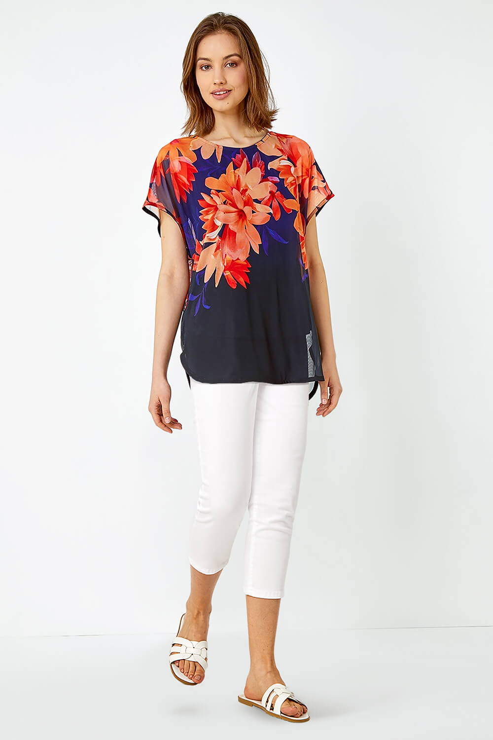 Navy  Floral Print Overlay Stretch Top, Image 2 of 5