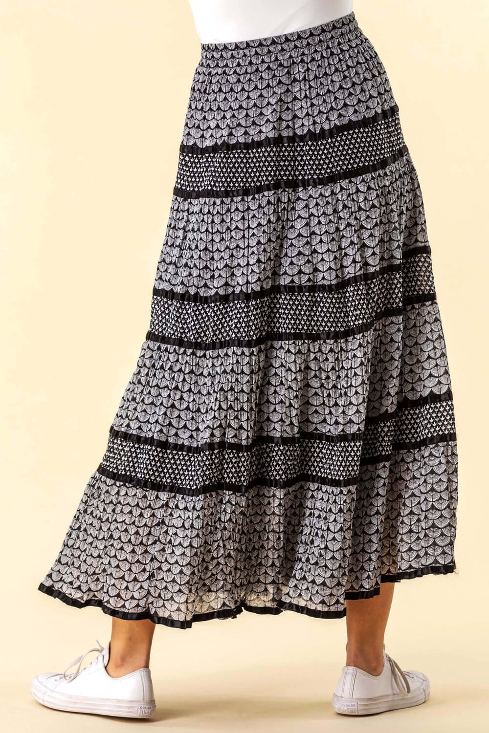 Monochrome Print Tiered Maxi Skirt in Black - Roman Originals UK