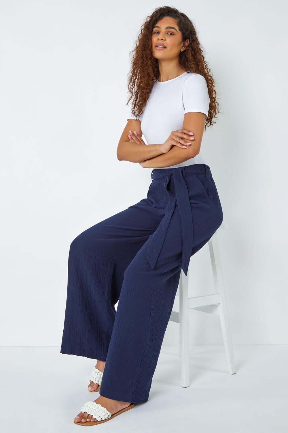 Textured Cotton Wide Leg Trousers