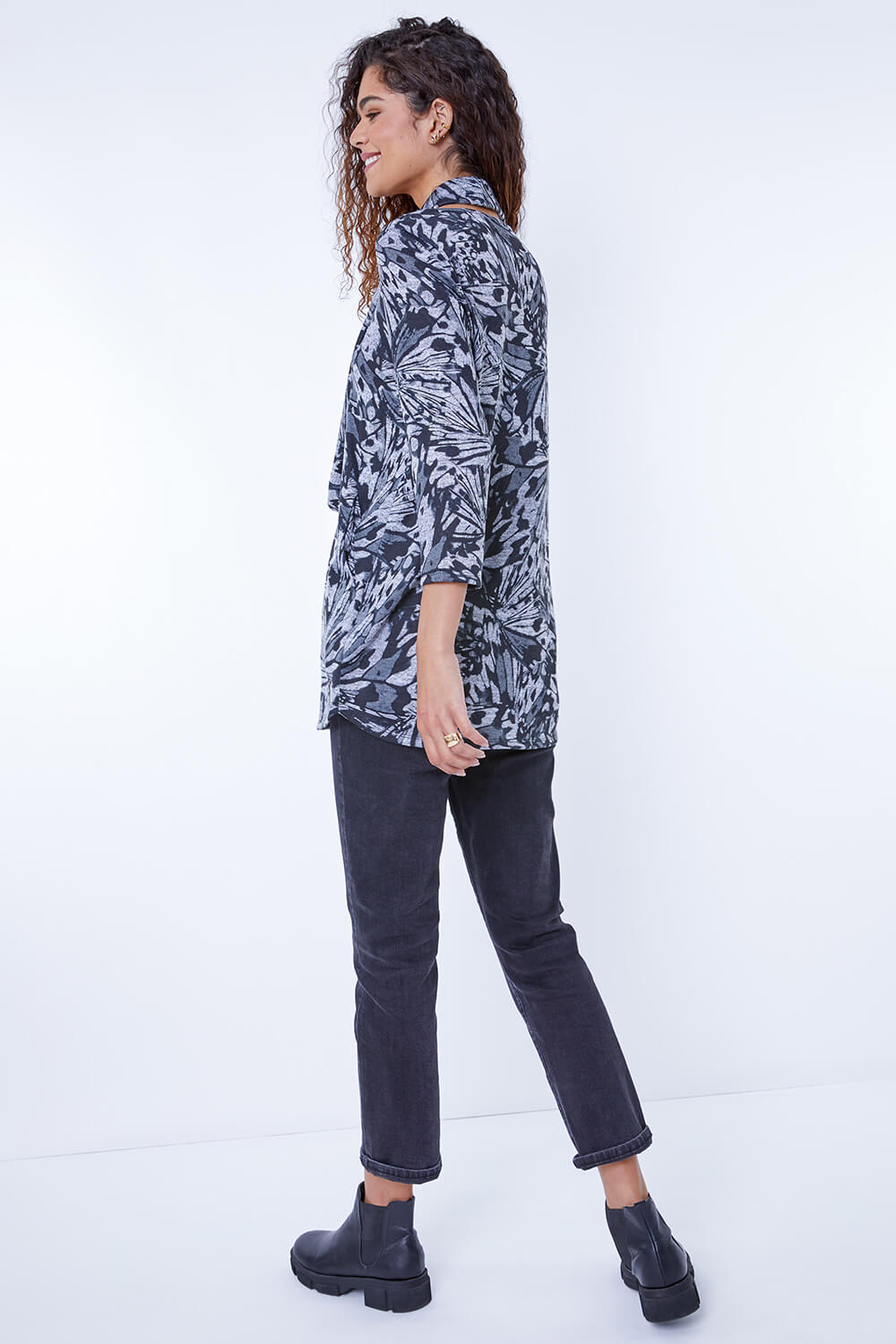 Black Butterfly Print Tunic Top With Snood, Image 3 of 5
