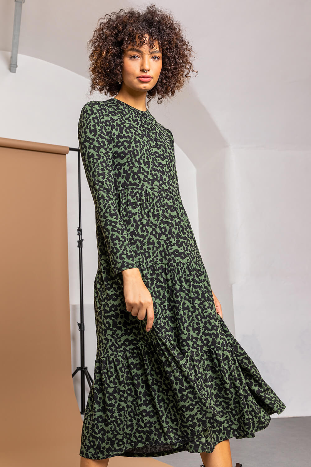 Dark Green Animal Jersey Tiered Midi Dress | Roman UK