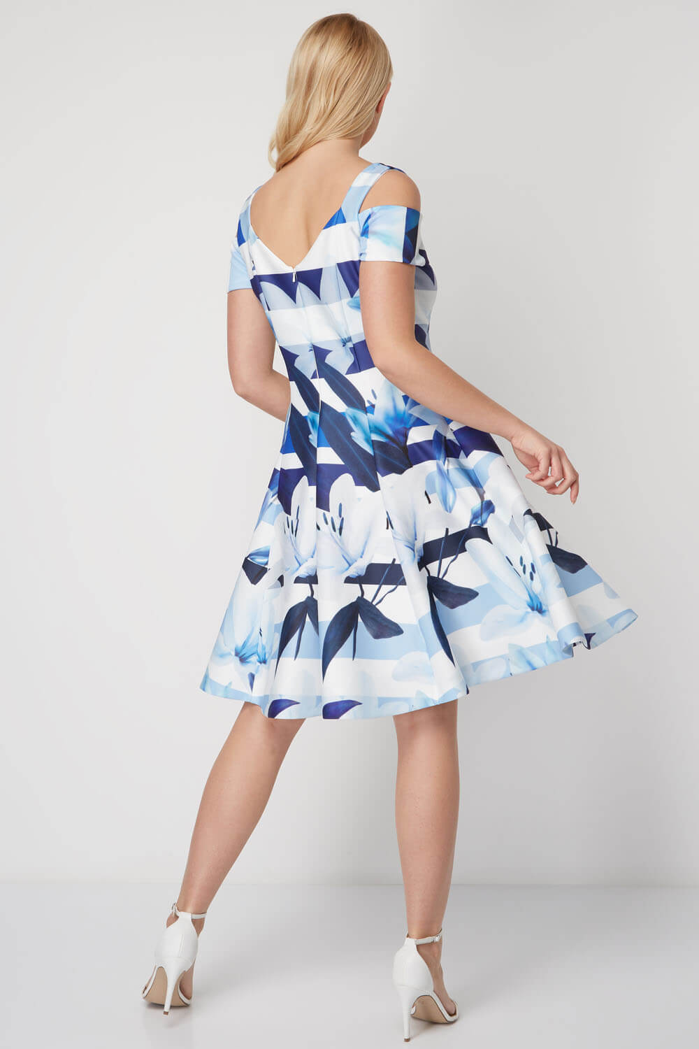 Blue Floral Stripe Fit and Flare Dress , Image 3 of 5