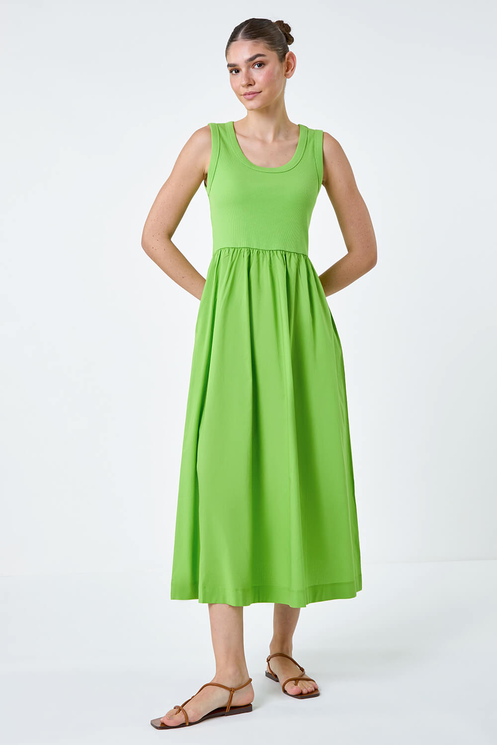 Lime Cotton Stretch Jersey Mix Midi Dress, Image 2 of 5
