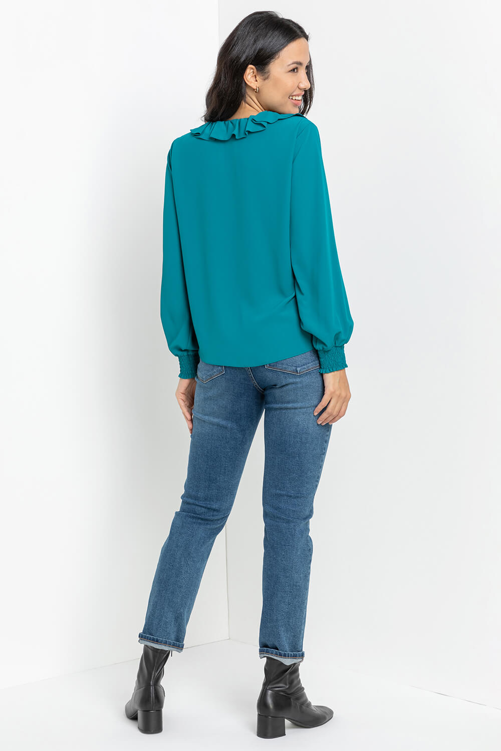 Teal Chiffon Frill Neck Detail Top, Image 2 of 4