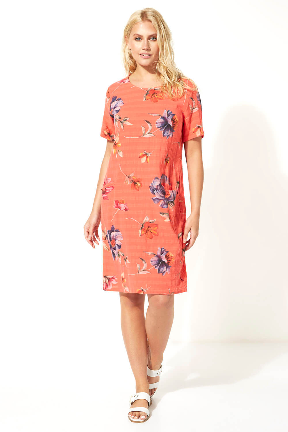 CORAL Floral Textured Cotton Cocoon Dress, Image 2 of 5