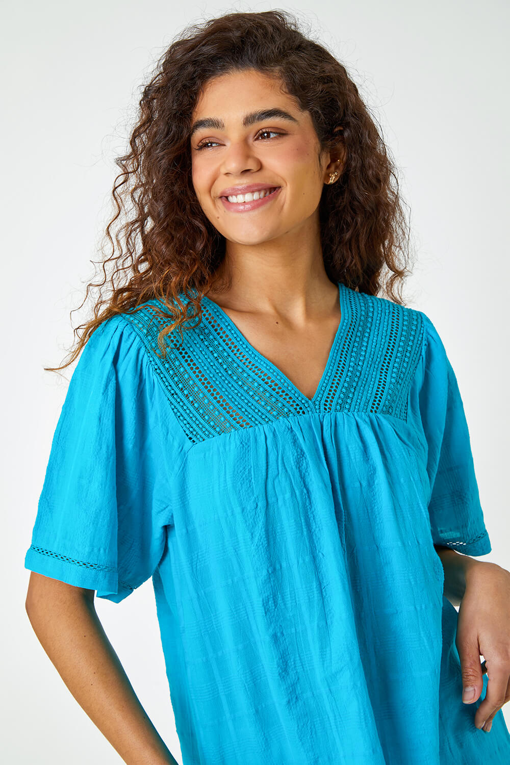 Turquoise Lace Detail Cotton T-Shirt, Image 5 of 5