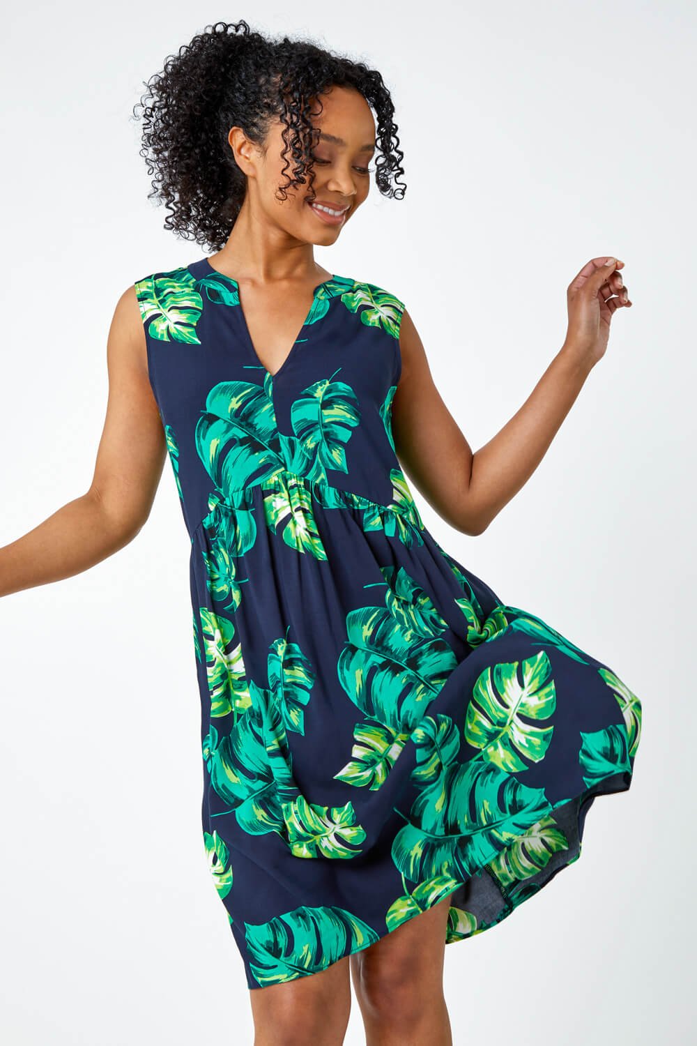 Navy  Petite Tropical Print Smock Dress, Image 2 of 5