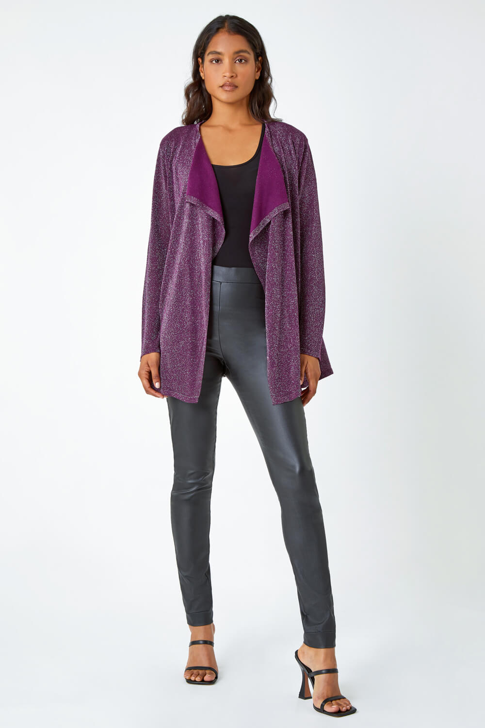 Aubergine Shimmer Waterfall Stretch Cardigan, Image 2 of 5
