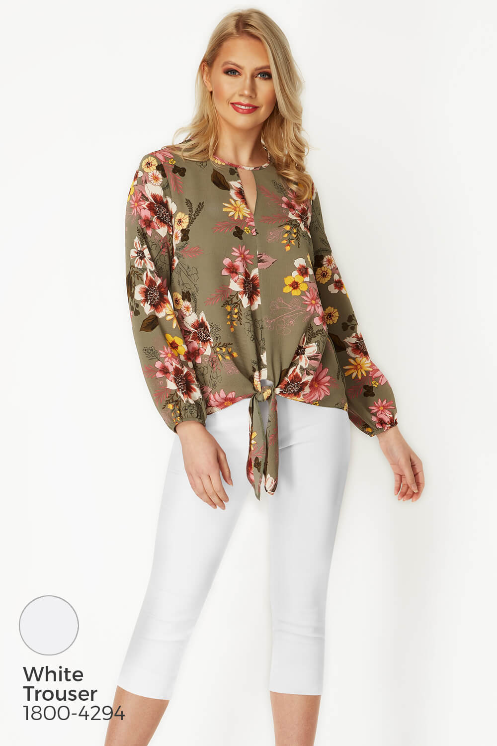 KHAKI Floral Tie Front Top, Image 6 of 8