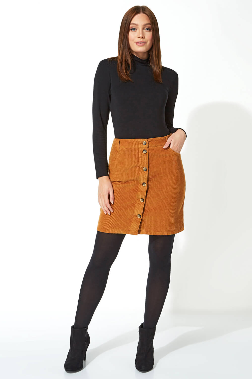 Corduroy Button Through Skirt in Amber - Roman Originals UK