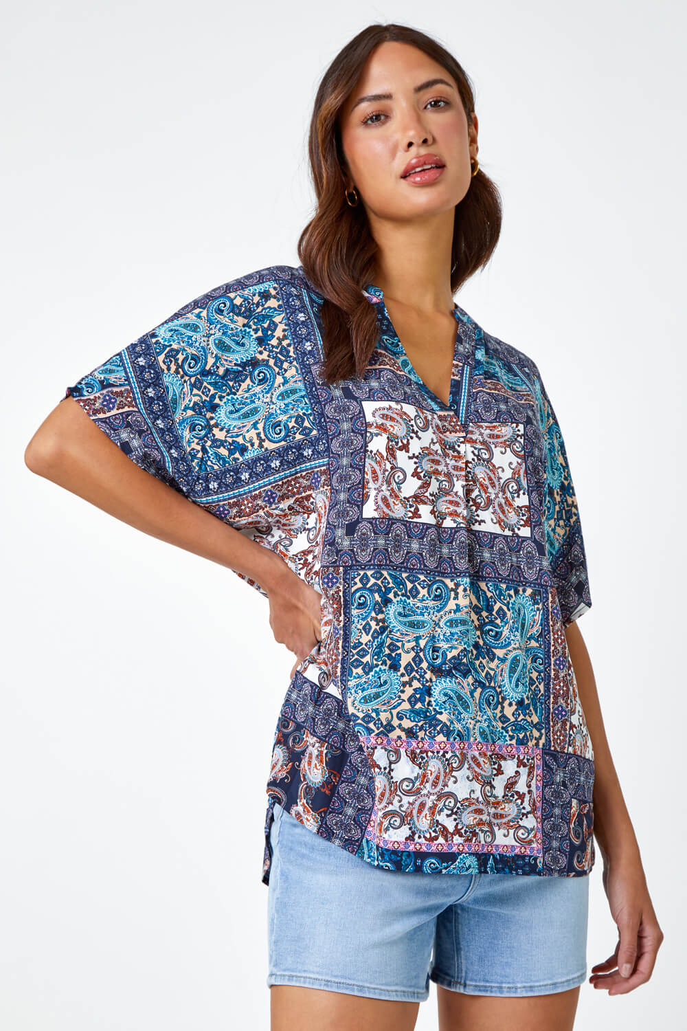 Blue Patchwork Scarf Print Woven Overshirt, Image 3 of 6