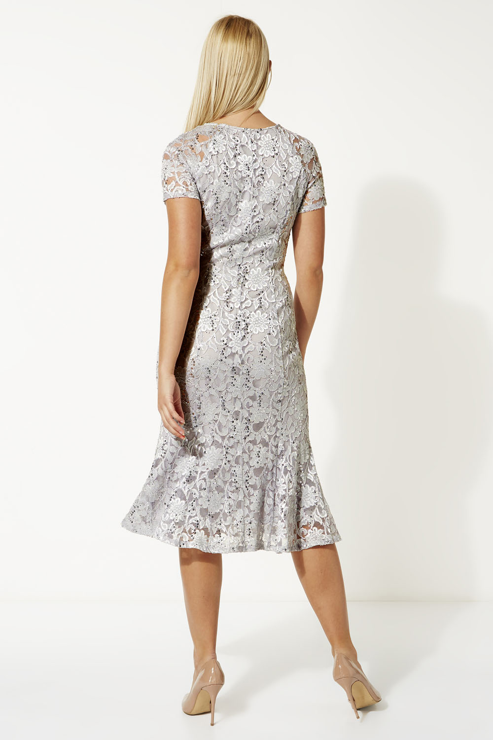 Silver Metallic Lace Sequin Midi Dress, Image 2 of 4