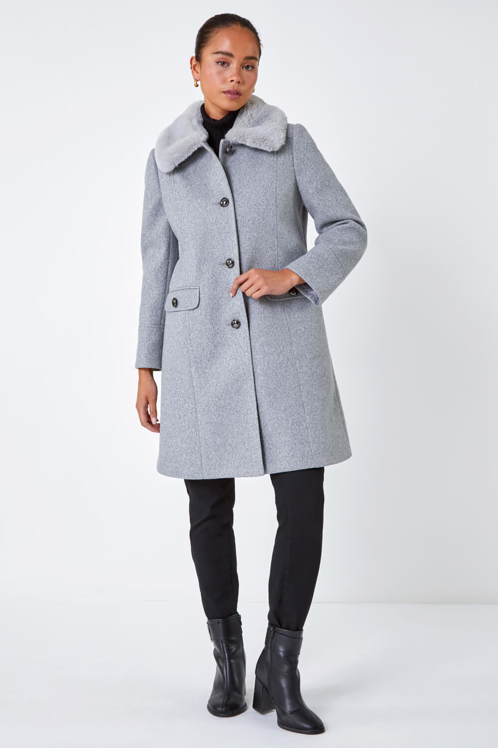 Grey Petite Faux Fur Collar Longline Coat, Image 2 of 5