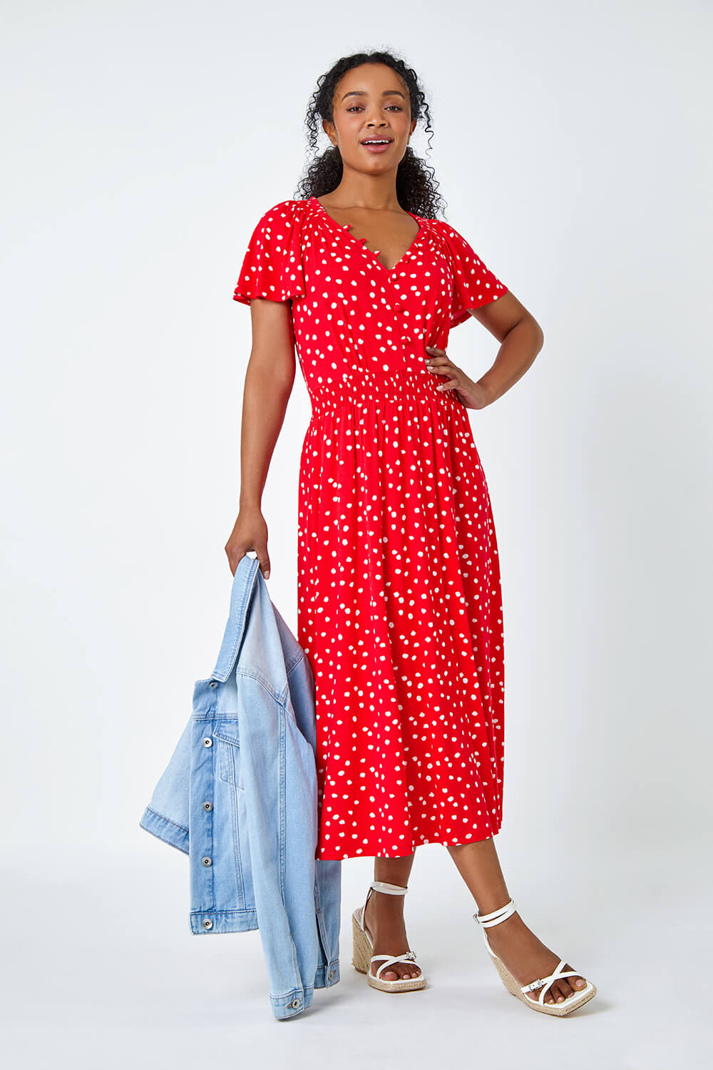 Red Petite Polka Dot Button Stretch Midi Dress, Image 4 of 5