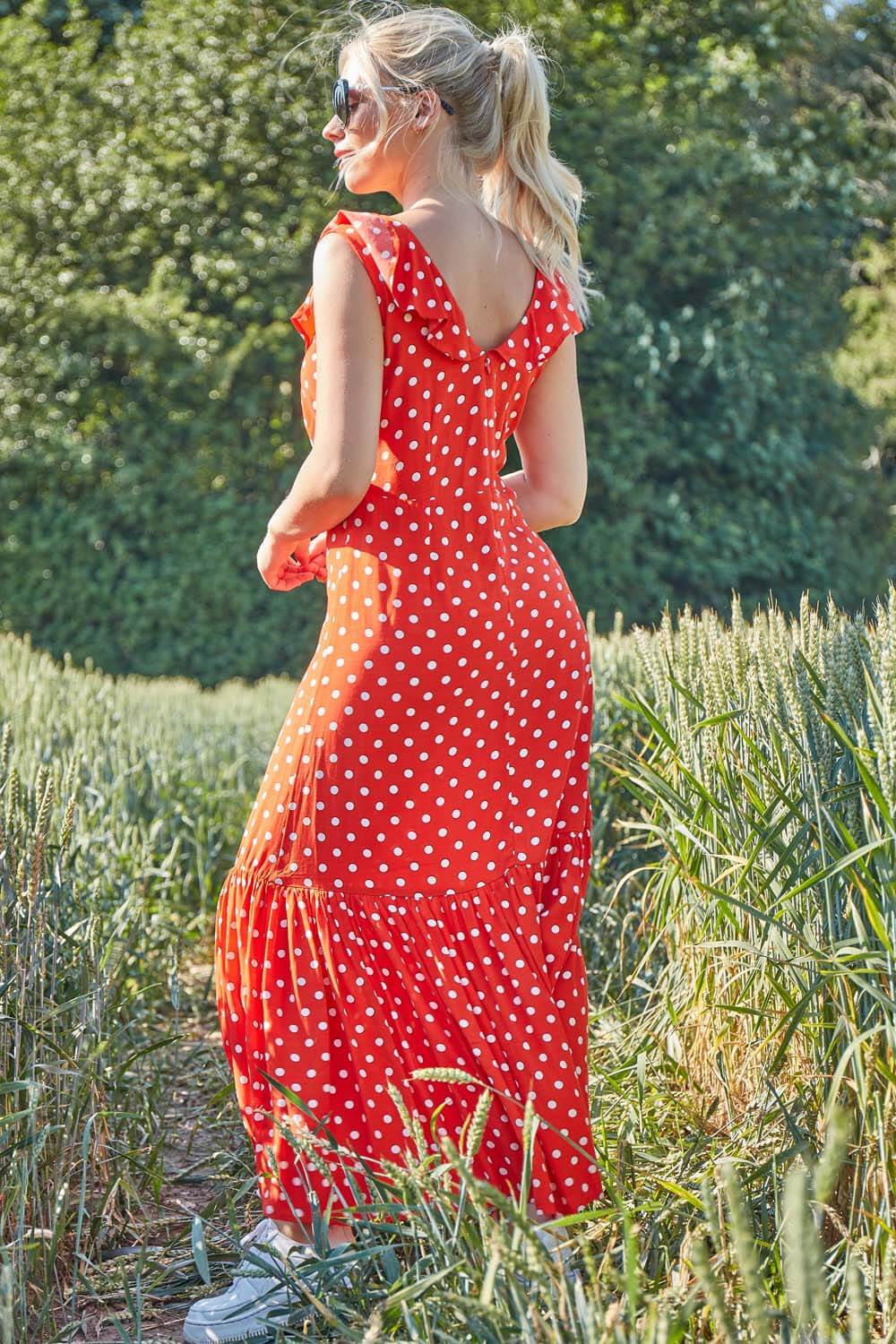 Red Polka Dot Frilly Midi Dress, Image 2 of 5