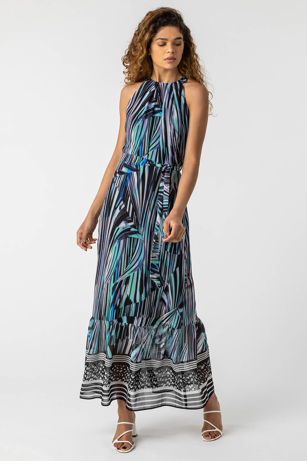 Abstract Stripe Print Halterneck Dress
