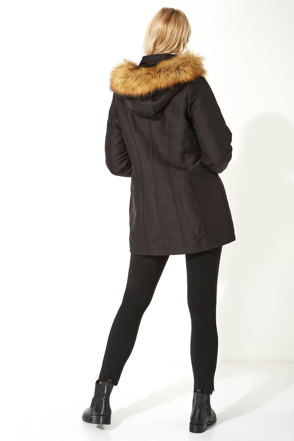 Black Luxury Faux Fur Trim Parka Coat, Image 3 of 5