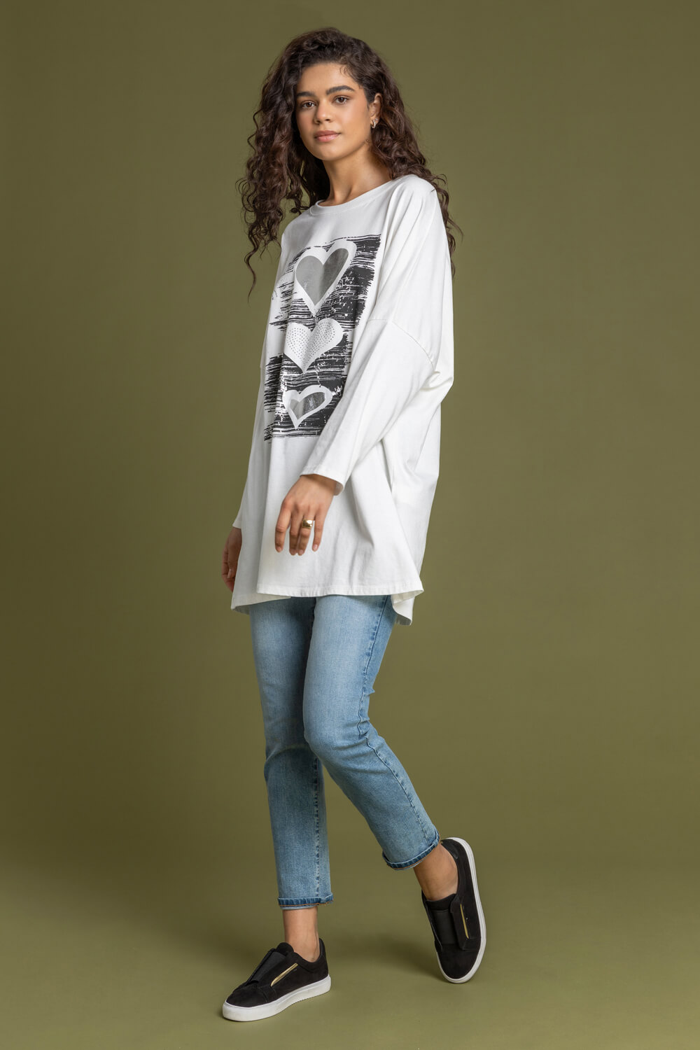 White Foil Heart Print Embellished Tunic Top, Image 3 of 4