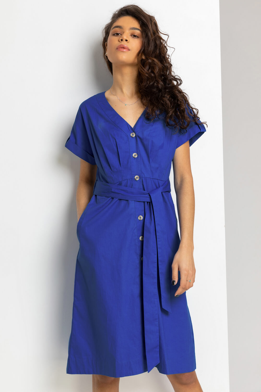 Cotton Belted Midi Shirt Dress in Royal Blue - Roman Originals UK