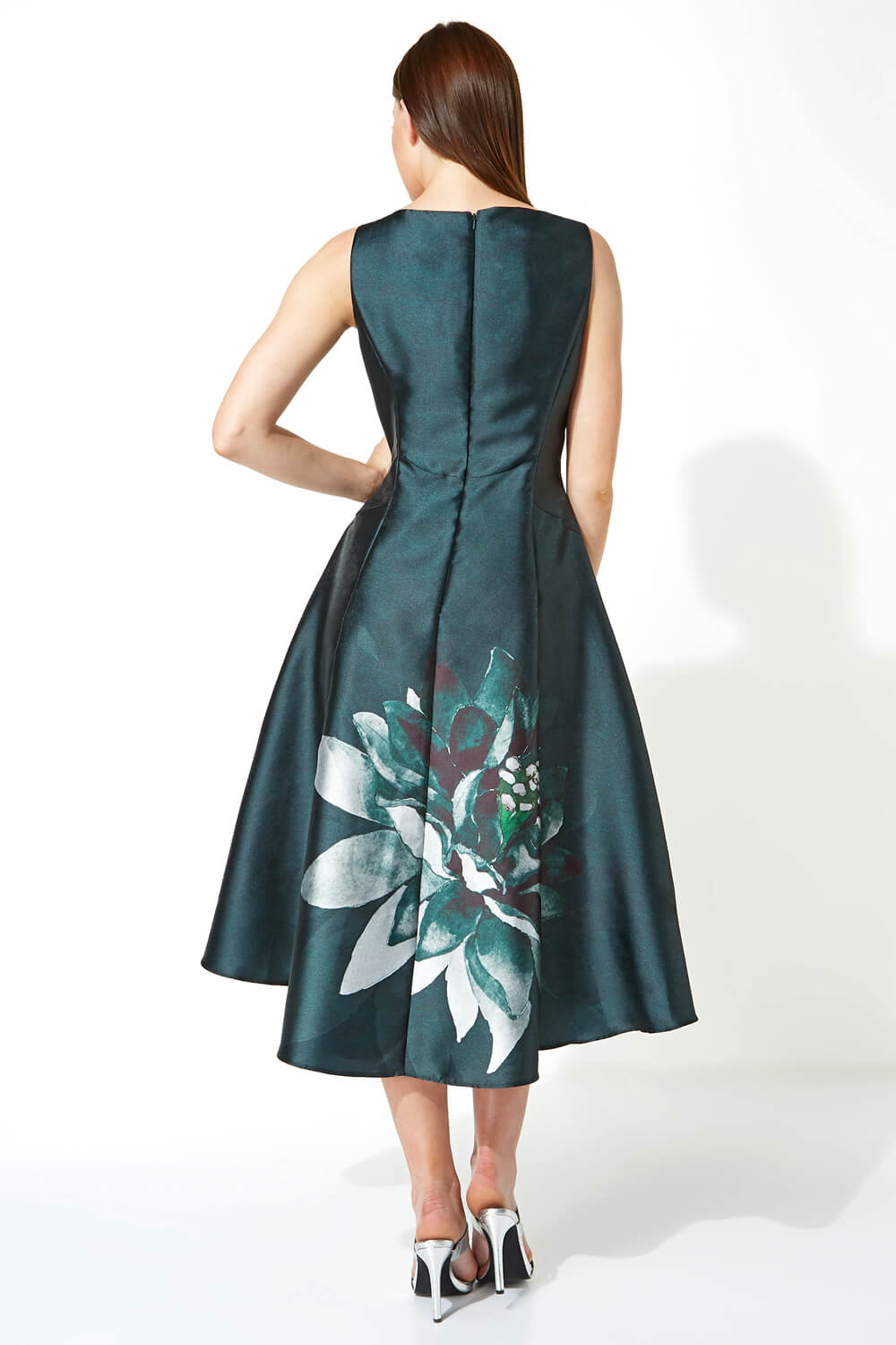 Emerald Floral Print Dipped Hem Midi Dress, Image 2 of 4