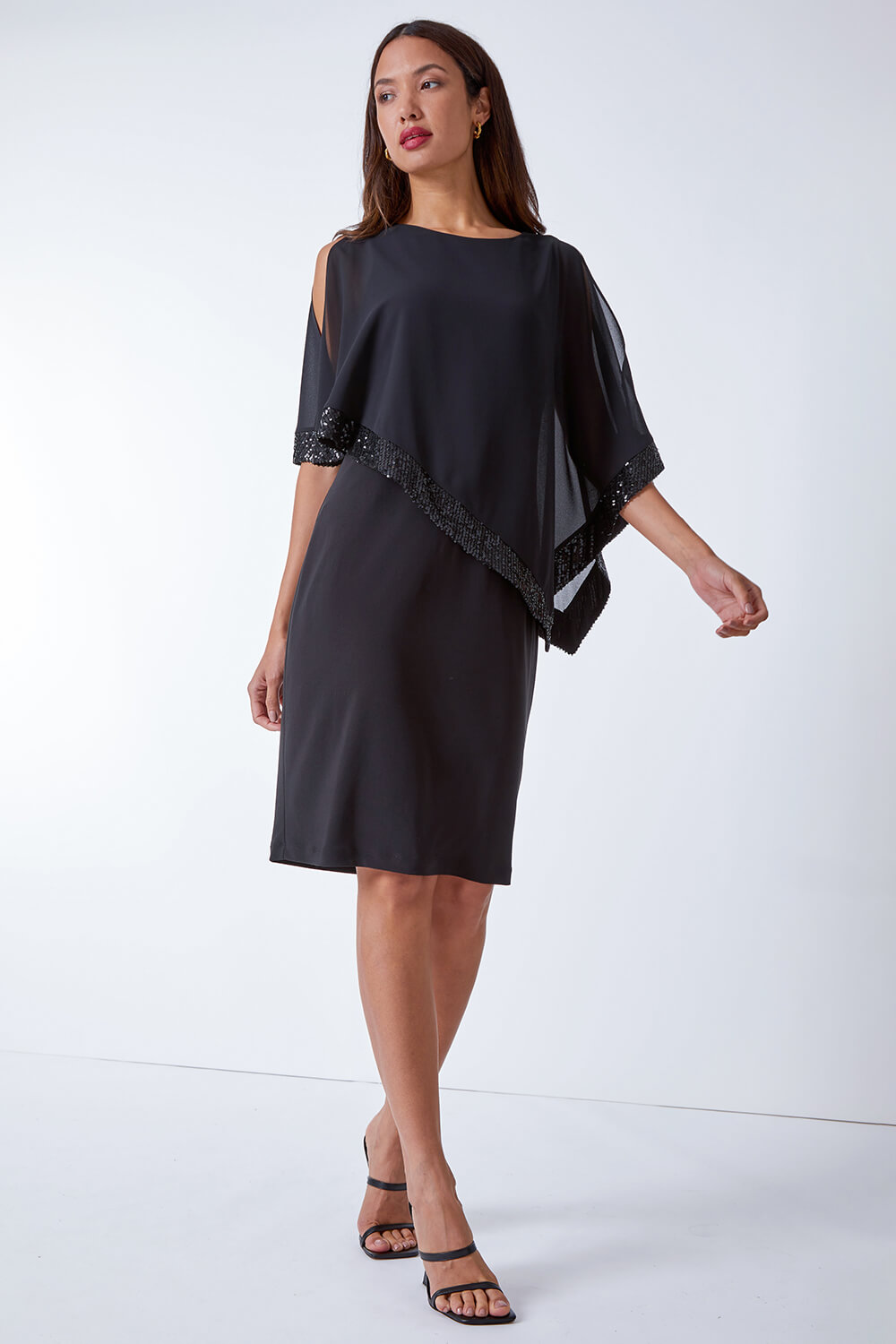 Black Sequin Trim Asymmetric Chiffon Overlay Dress, Image 2 of 5