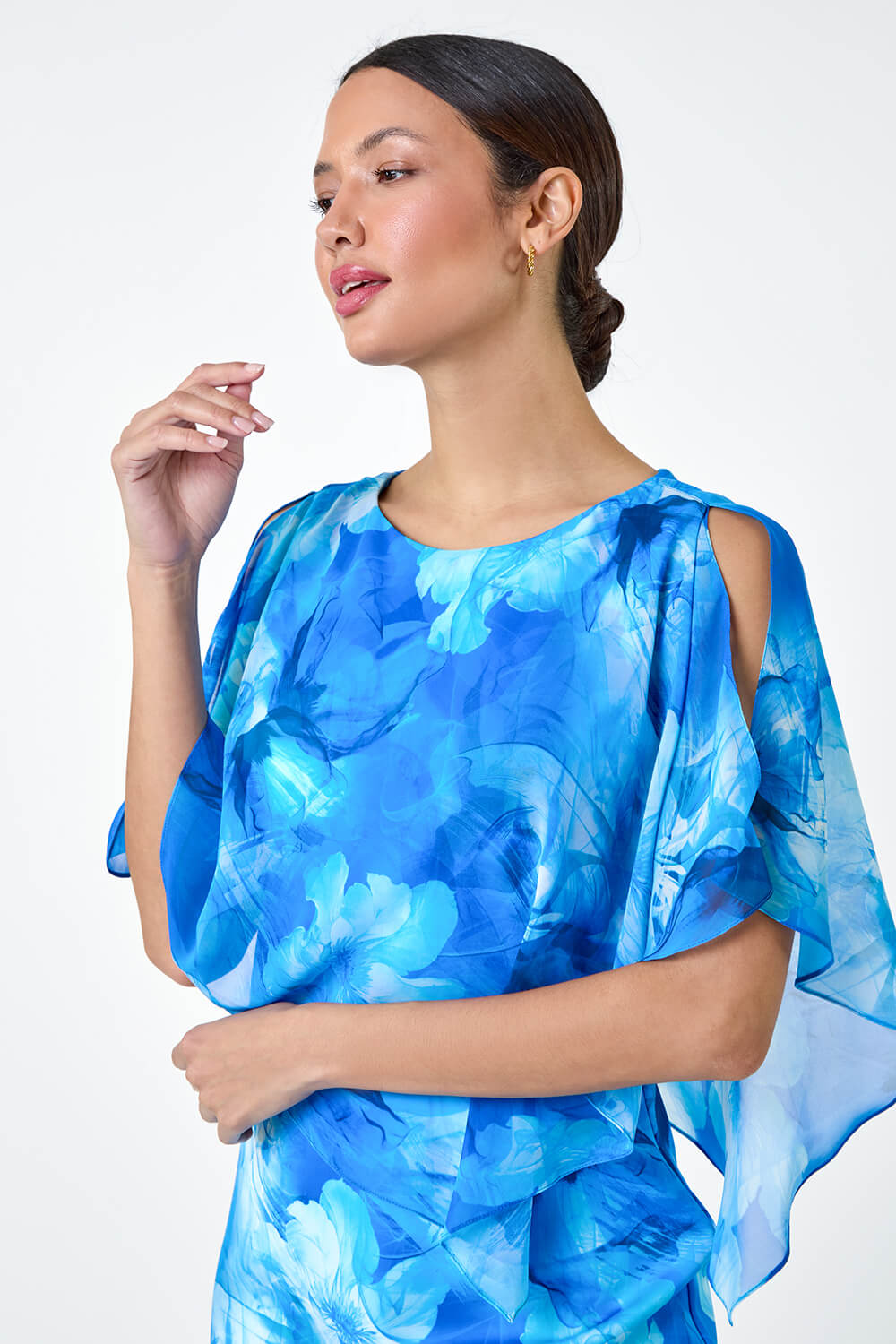 Blue Floral Chiffon Asymmetric Overlay  Dress, Image 4 of 5