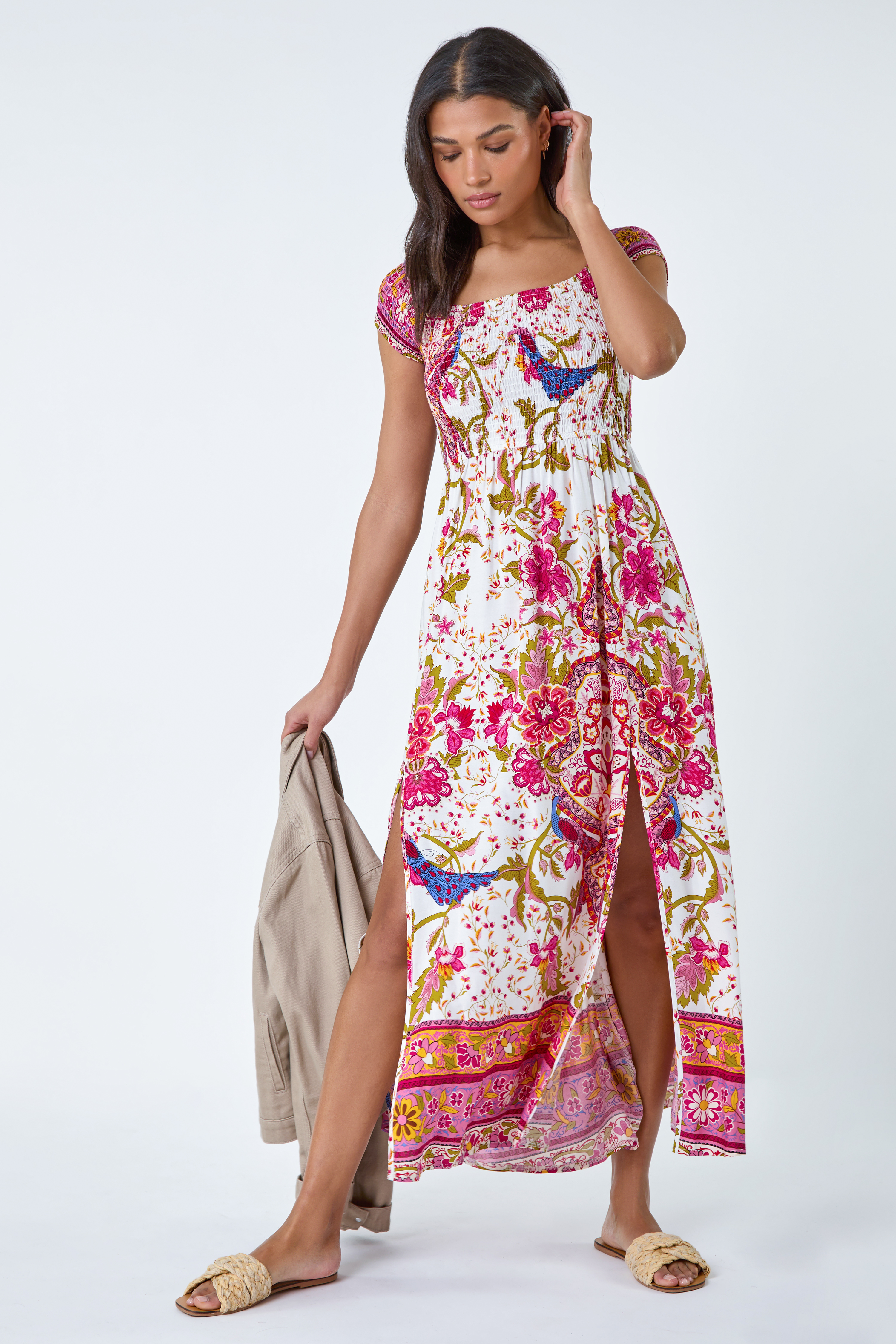 Fuchsia Paisley Shirred Bardot Maxi Dress, Image 2 of 5