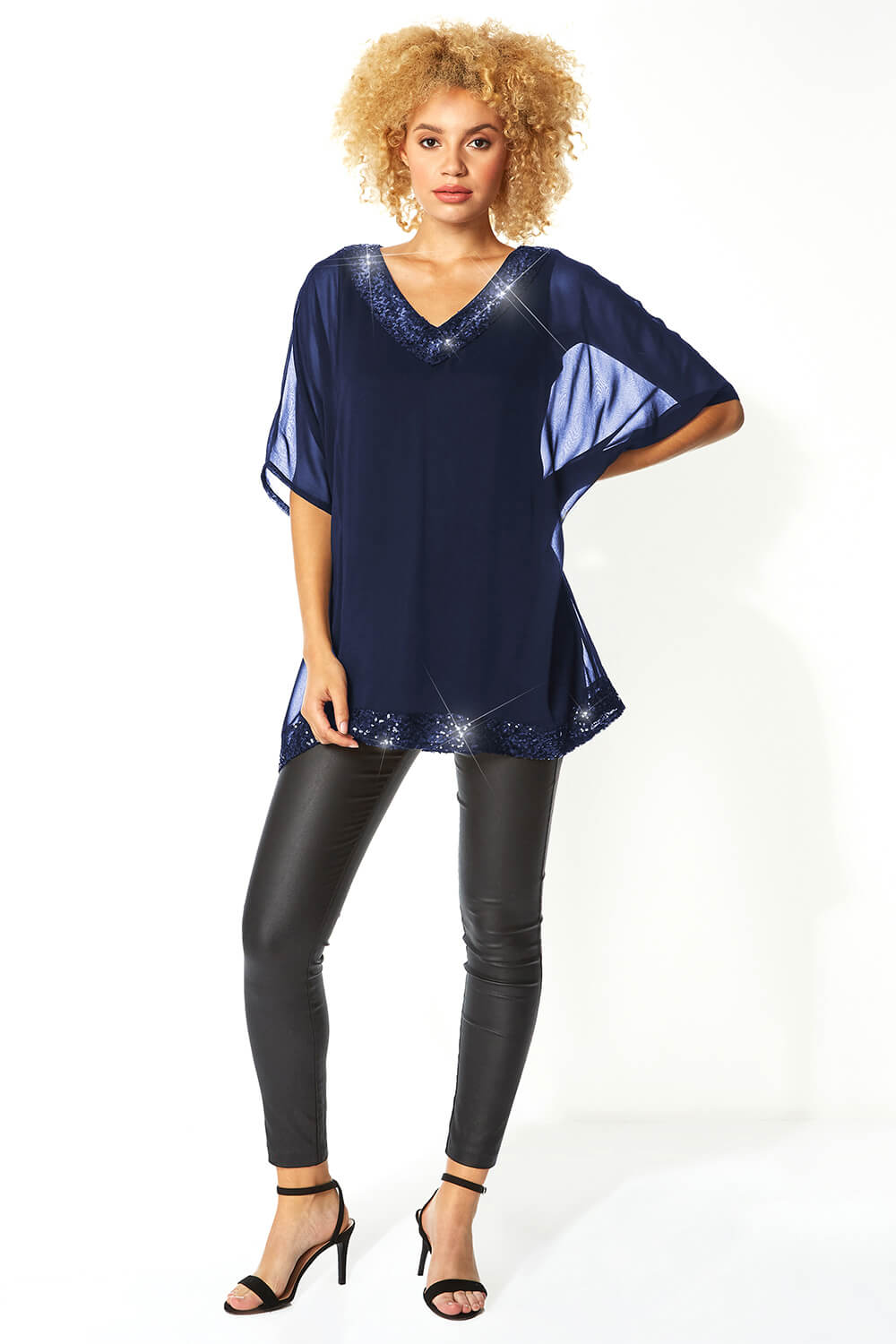 Navy  Sequin V-Neck Overlay Top, Image 4 of 5