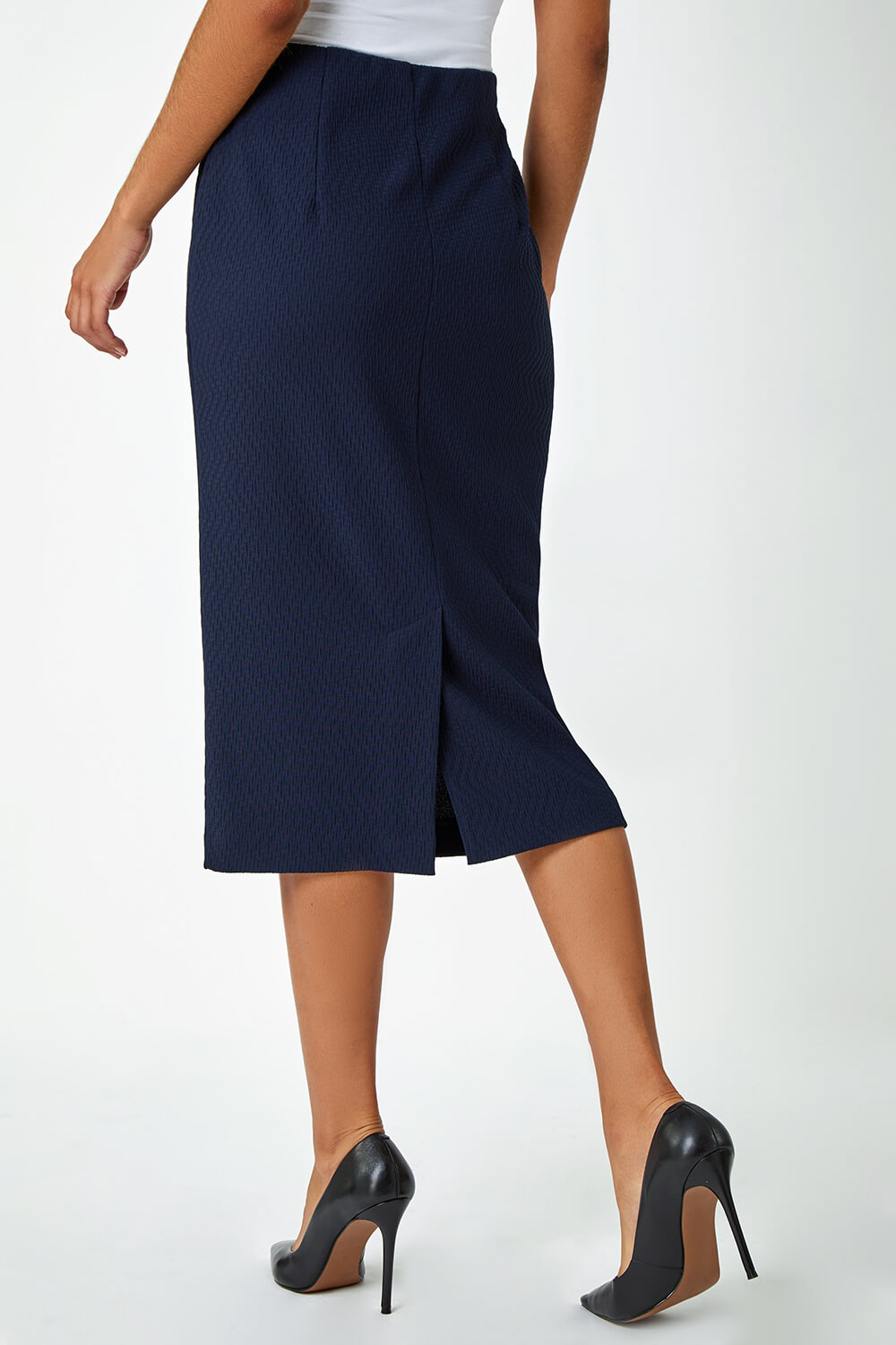 Navy  Textured Pencil Midi Stretch Skirt, Image 3 of 5