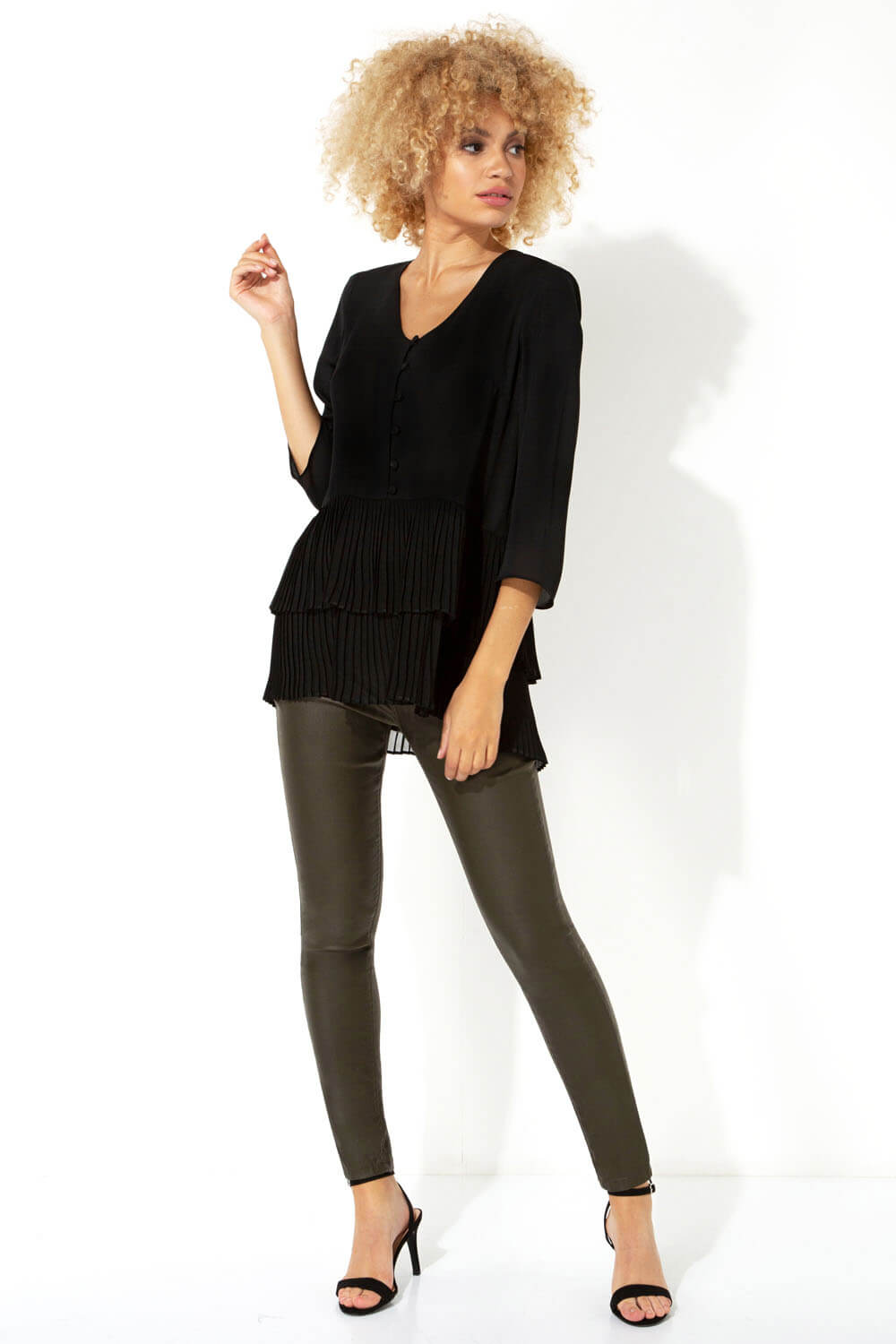Black 3/4 Sleeve Pleated Button Front Top, Image 2 of 6