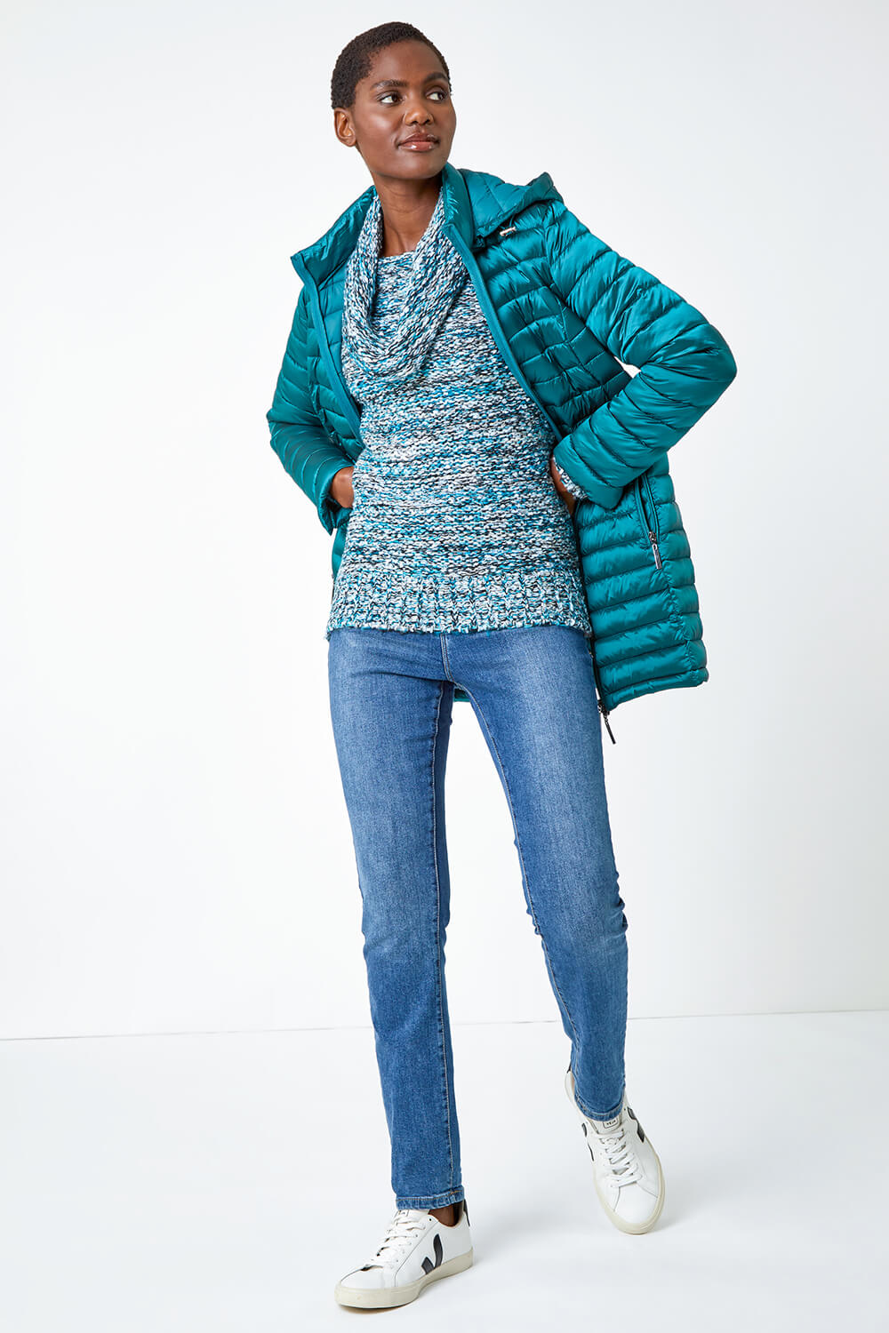 Turquoise Cowl Neck Tape Yarn Jumper, Image 4 of 5
