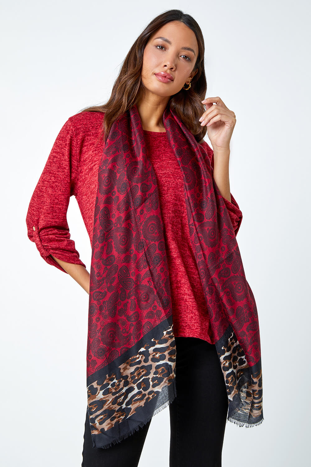 Red Stretch Top with Animal Print Scarf, Image 4 of 5