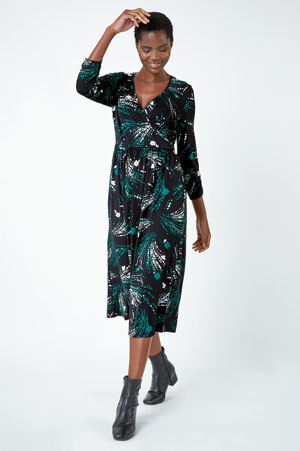 Green Abstract Print Wrap Midi Stretch Dress, Image 2 of 5