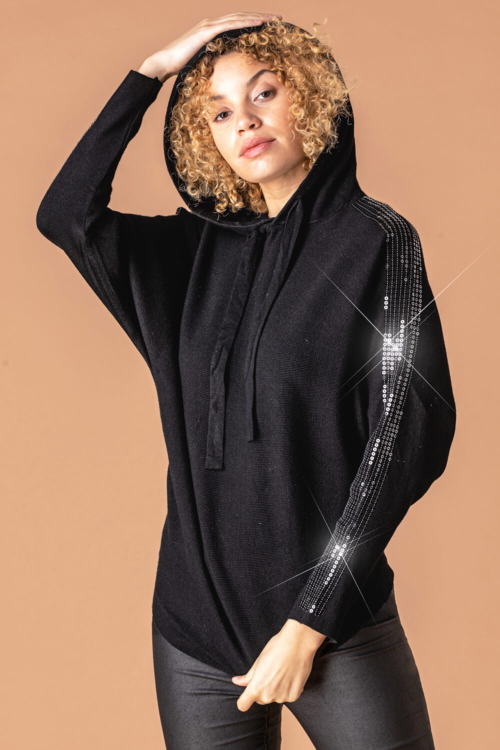 Sequin Embellished Knitted Hoodie in Black - Roman Originals UK