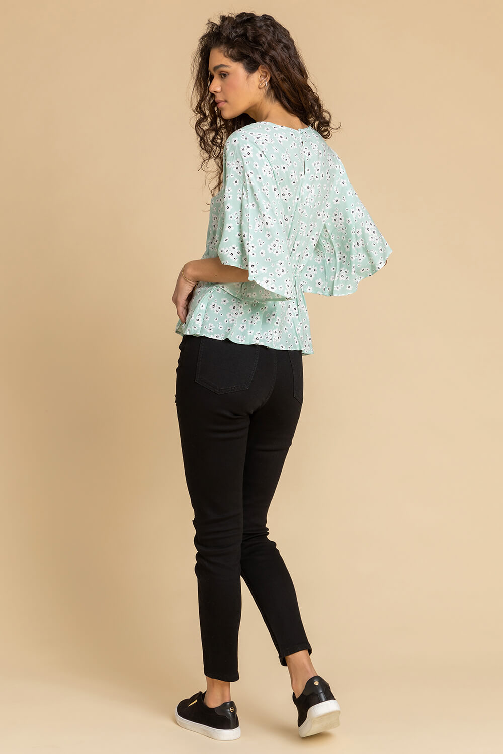 Mint Ditsy Floral Print Peplum Top, Image 2 of 5