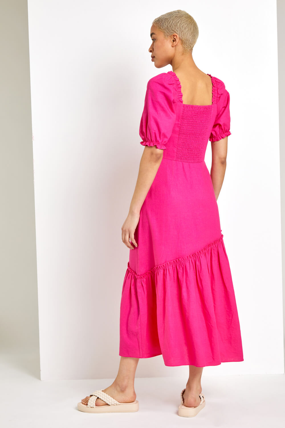 Pink Square Neck Asymmetric Tiered Midi Dress | Roman UK