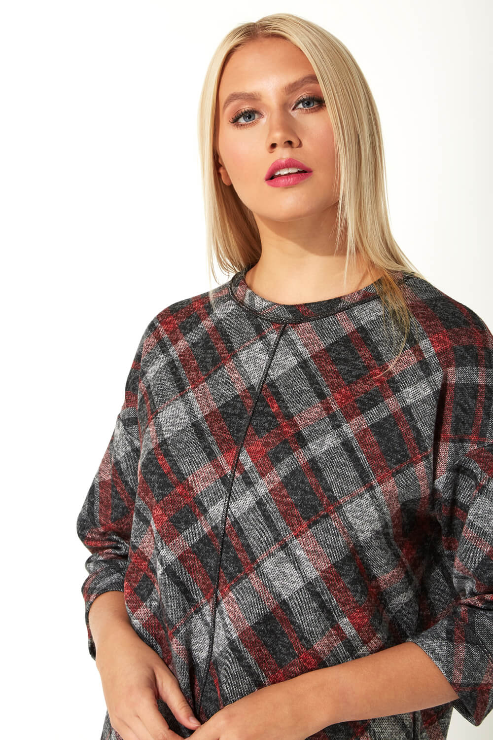 Red 3/4 Sleeve Check Print Top, Image 4 of 5