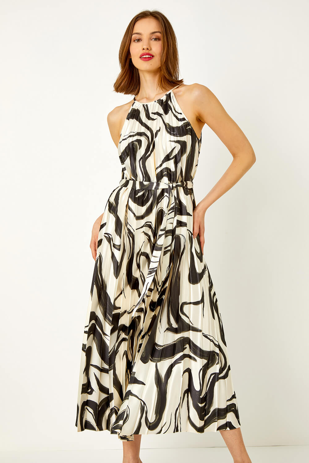 Ivory  Sleeveless Swirl Print Pleated Midi Dress, Image 3 of 6