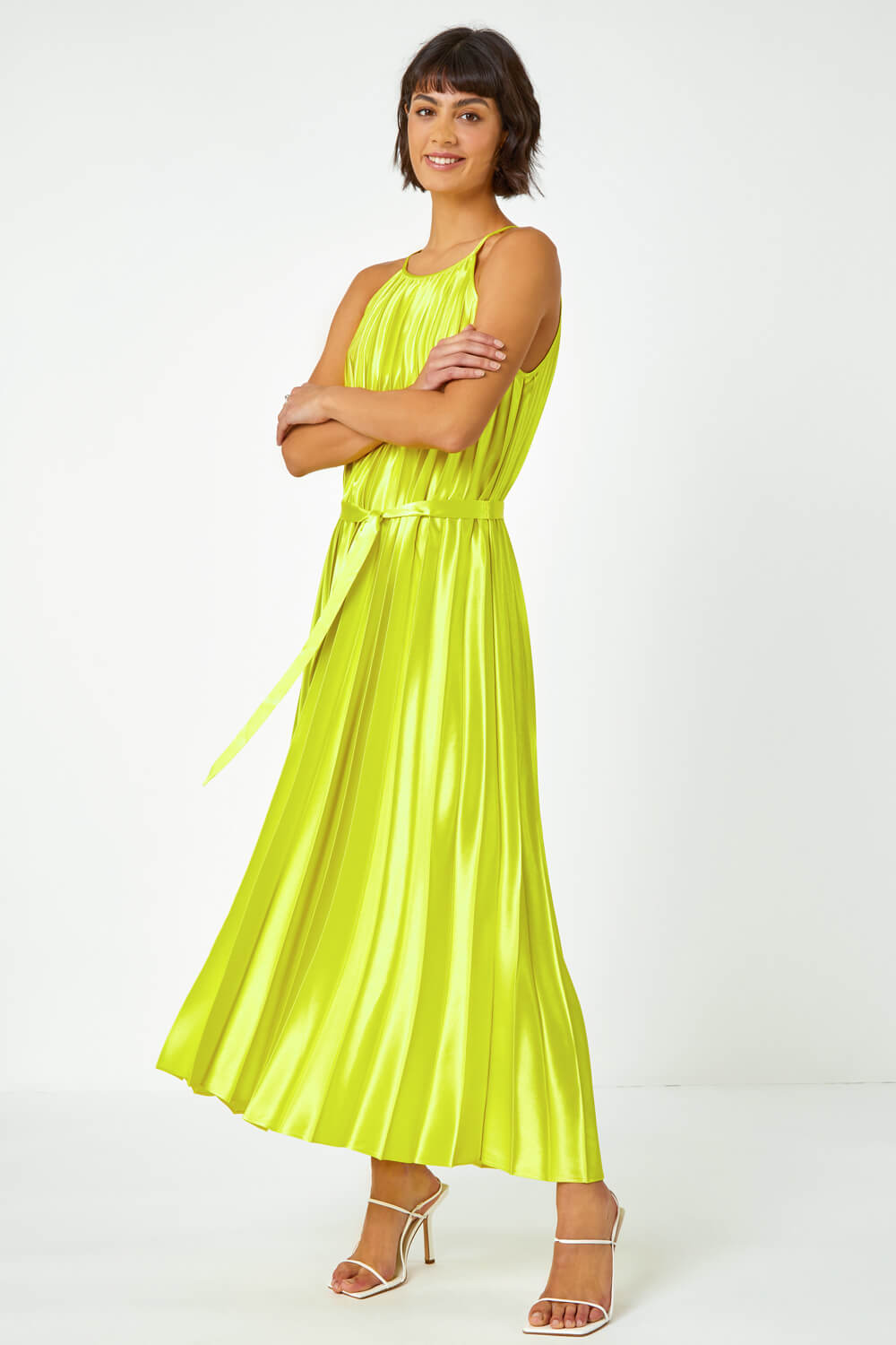 Lime Sleeveless Pleated Halter Neck Midi Dress, Image 4 of 5