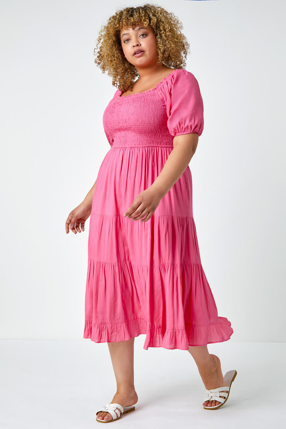 PINK Curve Shirred Tiered Midi Dress, Image 2 of 5