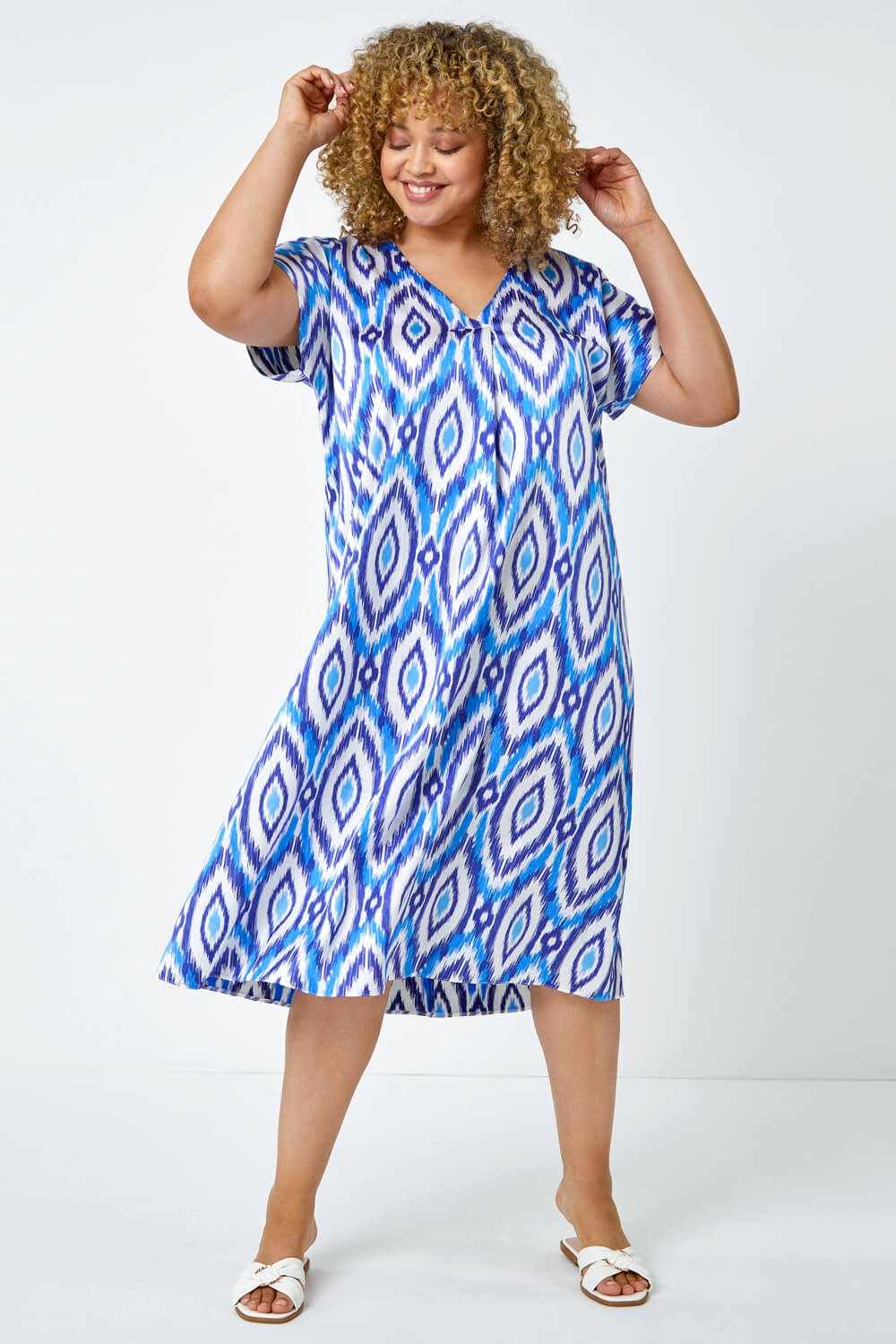 Blue Curve Aztec Print Relaxed Midi Dress, Image 2 of 5