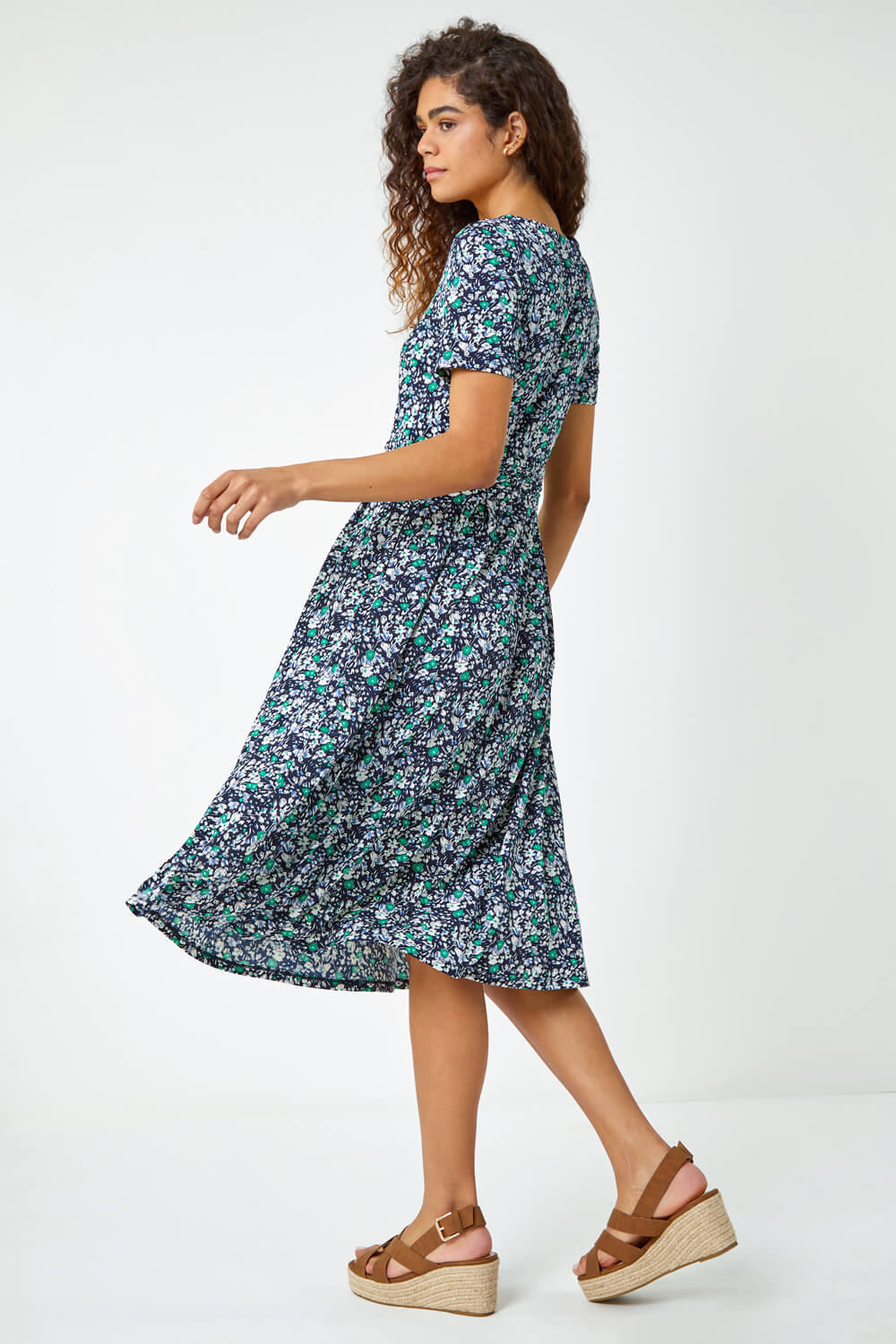 Green Floral Ruched Waist Pleated Dress, Image 3 of 5