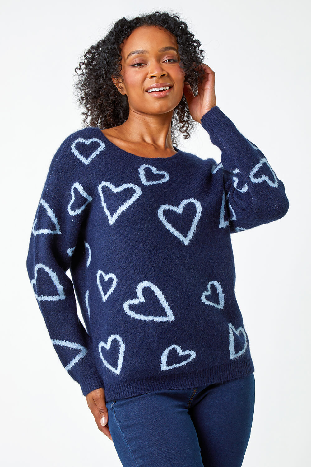 Navy  Petite Heart Print Stretch Jumper, Image 3 of 5