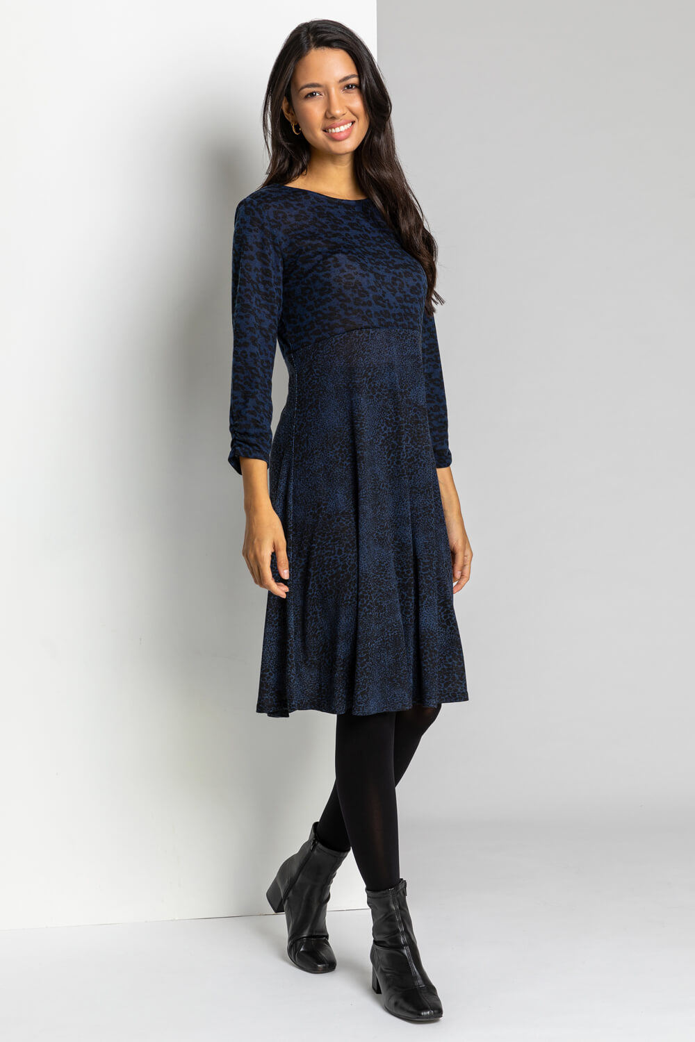Navy  Contrast Animal Fit & Flare Dress, Image 3 of 4