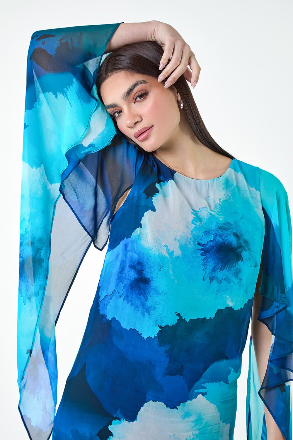 Blue Floral Print Chiffon Cape Dress, Image 4 of 5