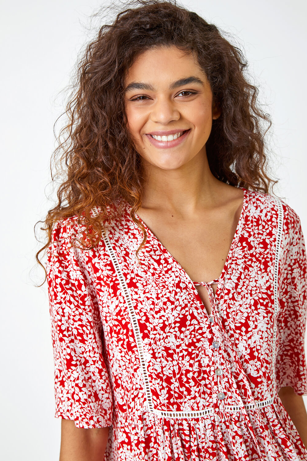 Red Ditsy Floral Tie Smock Top, Image 4 of 5