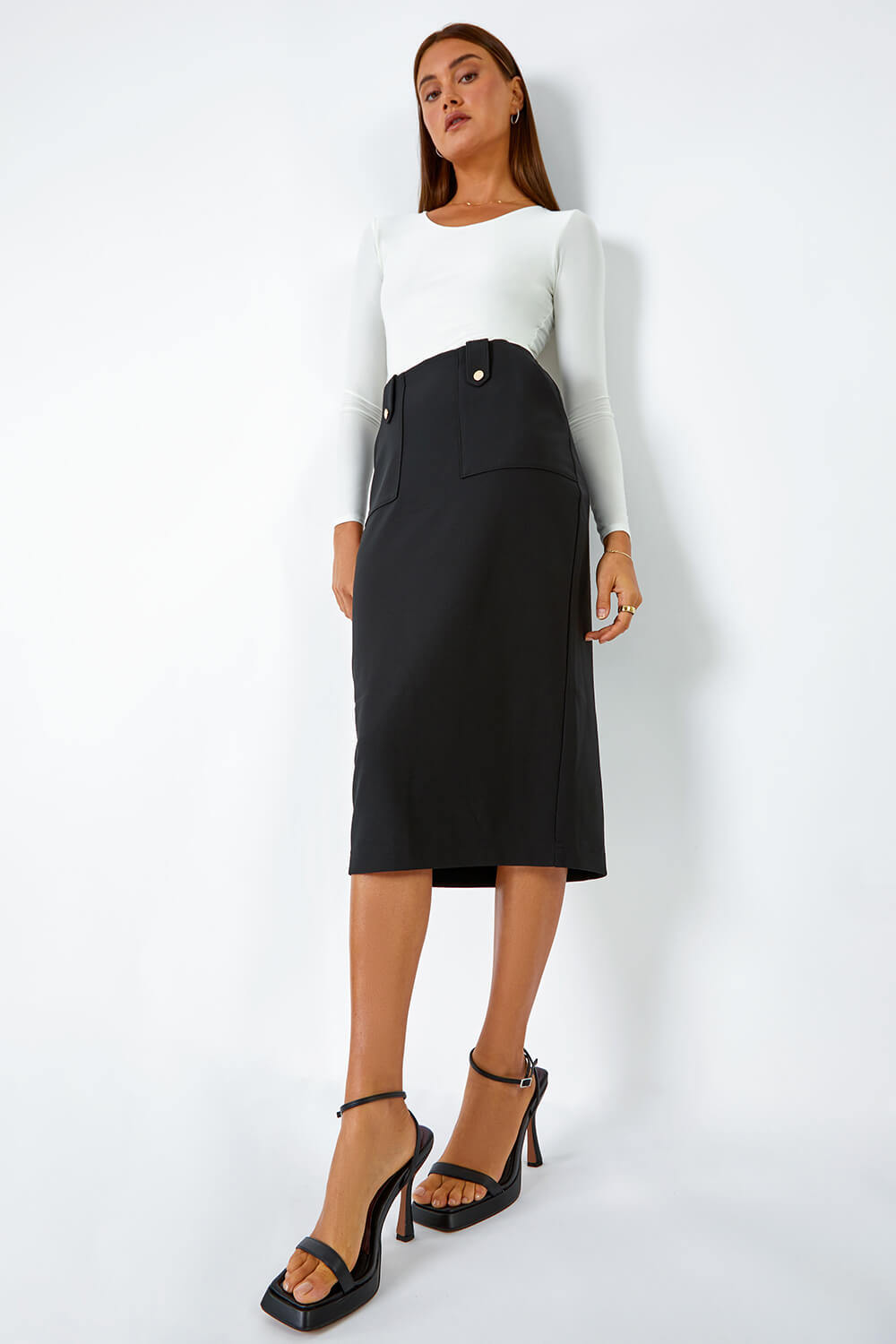 Black Ribbed Pocket Detail Midi Stretch Skirt, Image 4 of 5