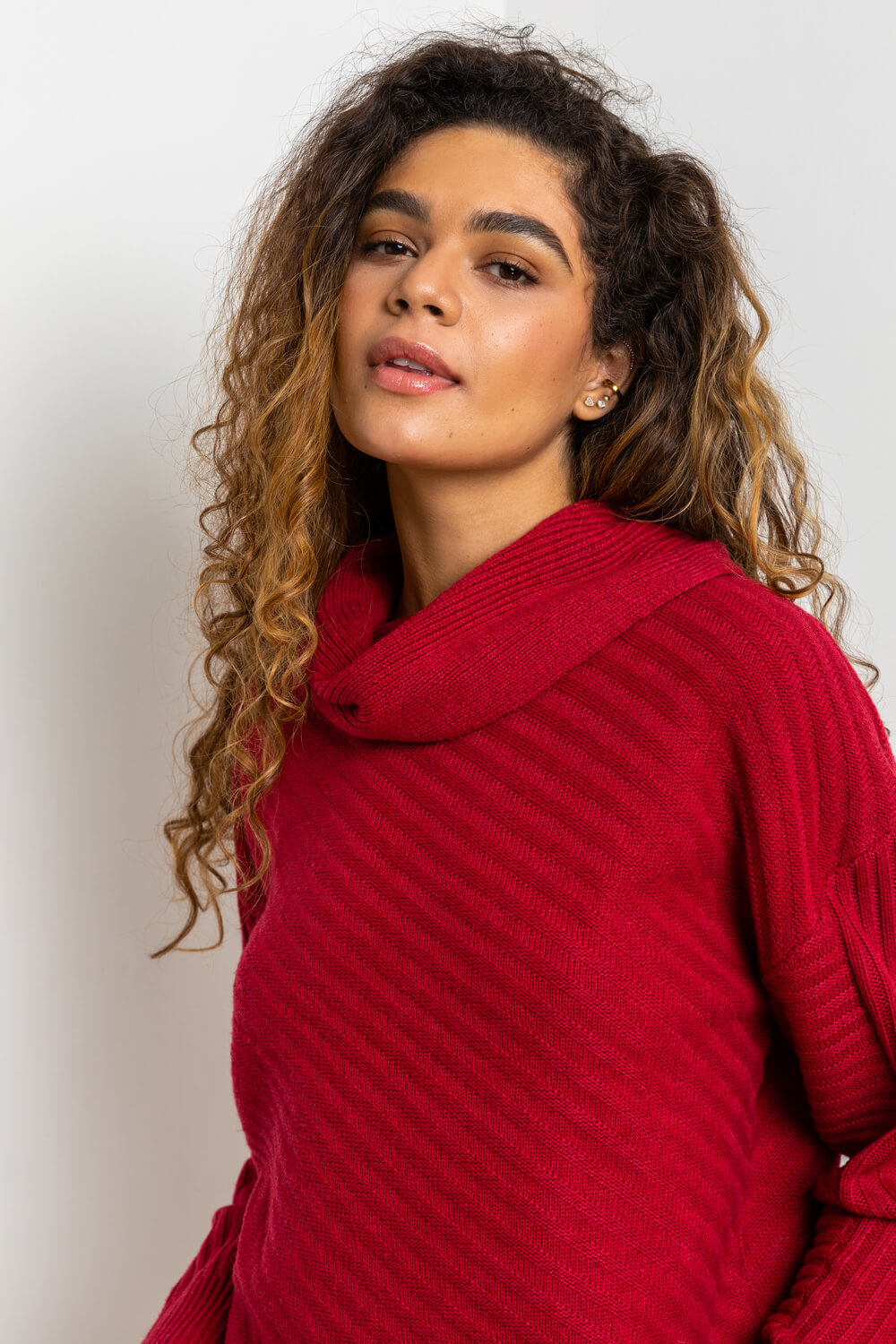 Red Textured Cowl Neck Jumper, Image 2 of 4