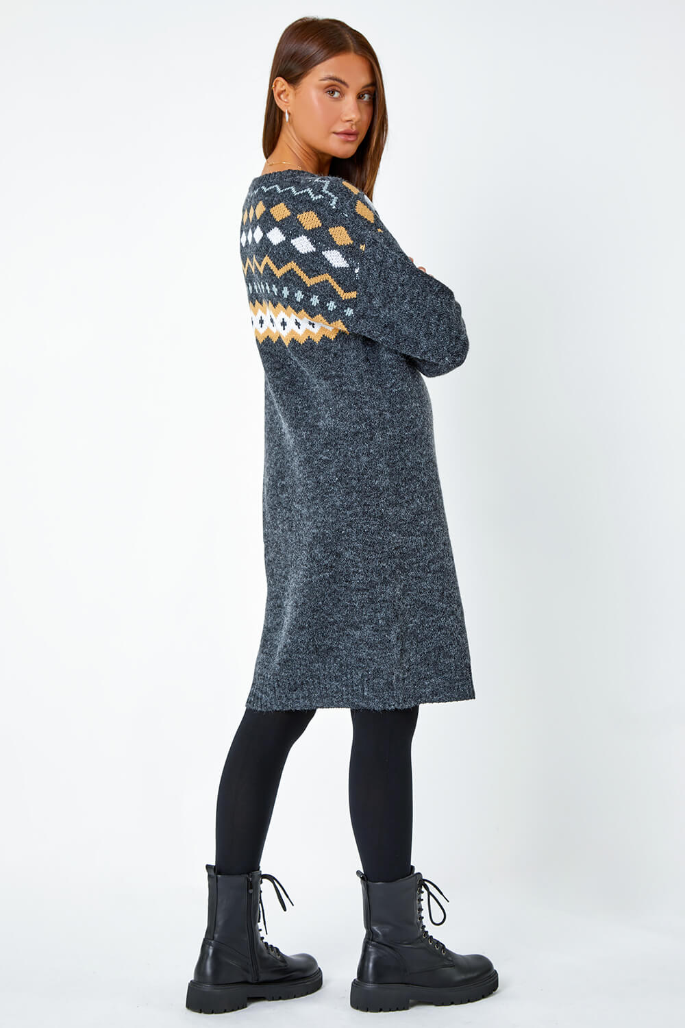 Dark Grey Nordic Print Knitted Jumper Dress, Image 3 of 6